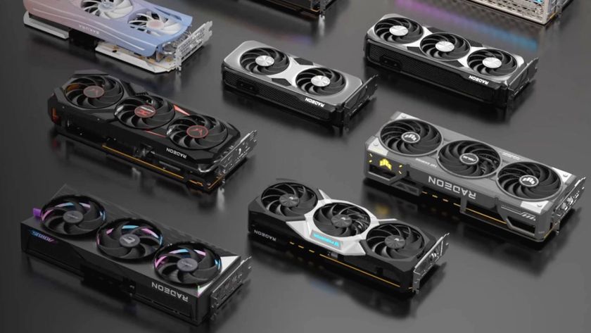 The AMD Radeon RX 9070 XT and RX 9070 RDNA 4 GPUs arranged in diagonal lines, taken from a CES 2025 presentation slide