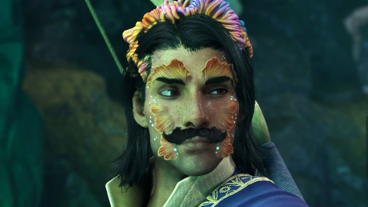 Avowed Envoy with mustache and visible mushroom growths looking to their left at the camera.