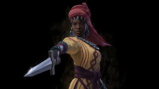 Cropped Civilization 7 concept art featuring Amina, Queen of Zazzau, pointing a sword menacingly.